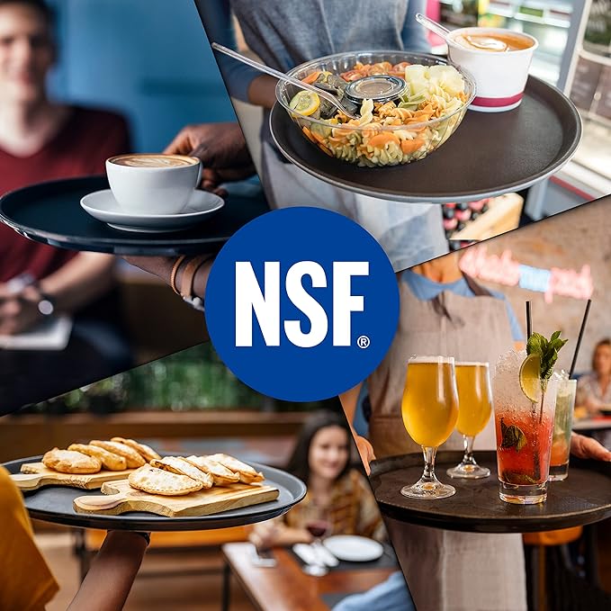 CURTA 2-Pack Restaurant Grade Non-Slip Tray, NSF, 14 Inch, Plastic Rubber Lined Round Serving Tray, Black