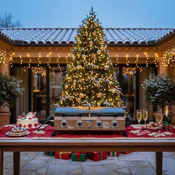 GD4002TPY Portable Tabletop Grill & Griddle Combo with Hood, 4-Burner Portable Propane Gas Grill Griddle Combo for Backyard, Camping, Picnicking and Tailgating, 40,000 BTU, Bronze Gold