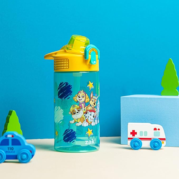 Zak Designs Sage PAW Patrol Water Bottle For School or Travel, 16oz Durable Plastic Water Bottle With Straw, Handle, and Leak-Proof, Pop-Up Spout Cover (Chase, Marshall, Skye, Rubble, Everest)