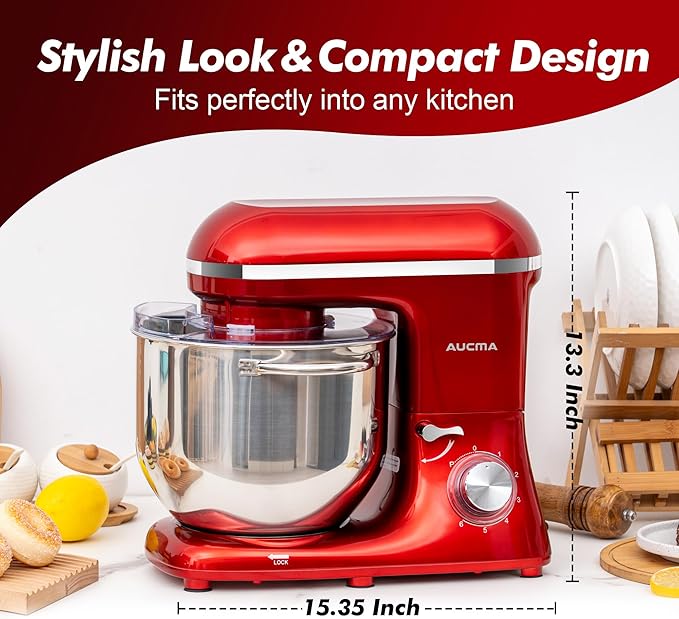 Aucma Stand Mixer, 900W 8QT Large Kitchen Mixer, Kitchen Electric Mixers with Dough Hook, Wire Whip & Beater (Red, 8QT)