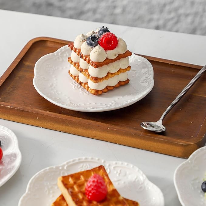 Neaylfe 8-Piece Embossed Ceramic Appetizer & Dessert Plates, 6 Inch White Mini Dinner Plates Set, Lightweight Small Ceramic Plates for Dessert, Cake, Snack, Waffles