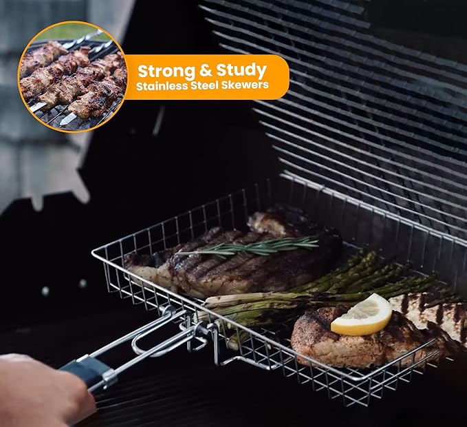 Fish Grill Baskets for Outdoor Grill Vegetables, Fish Grilling rack for Grill, BBQ Grilling Basket, Stainless steel Grill Basket for Veggies, shrimp Includes 5 Steel Skewers, Silicon Brush, and Carry Bag