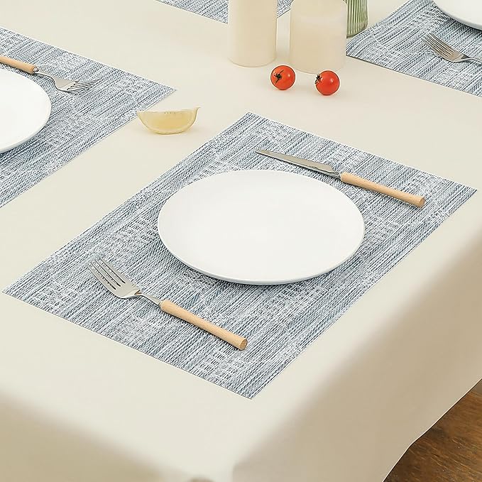 Leetaltree Jacquard Blue Placemats Set of 8 - Heat Resistant Non-Slip Place mats for Dining Table, Washable Durable PVC Vinyl Woven Table Mats(Jacquard Blue, 8)
