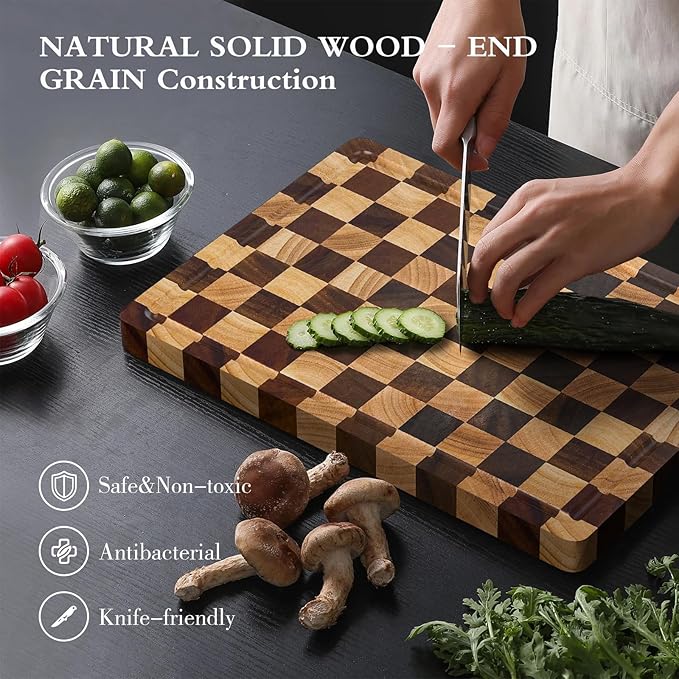 Checkered Cutting Boards for Kitchen, Walnut Rubber & Wooden Cutting Board Sets, Chopping Boards with Anti-Slip Base and Guide Groove, Chessboard Carving, Used for Cutting Vegetables Fruits & Meats