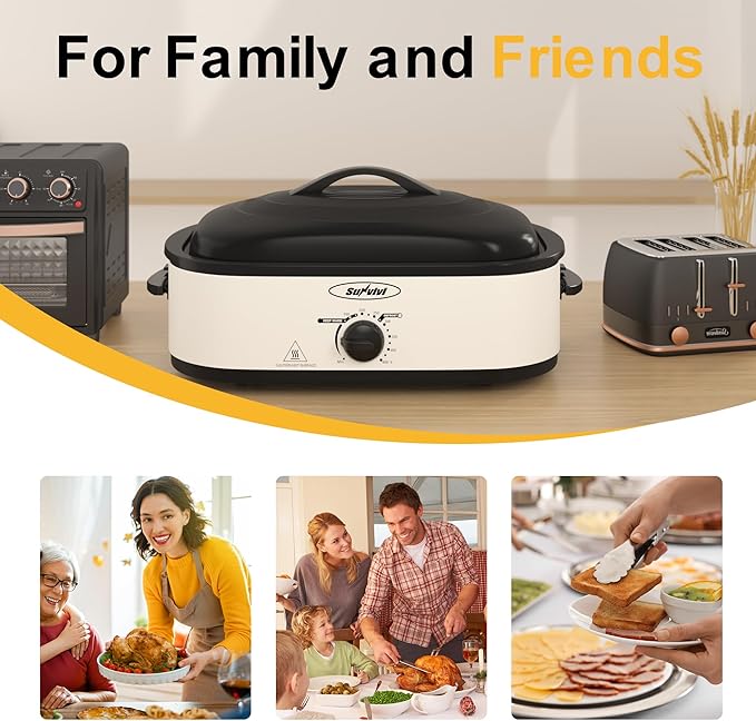 Sunvivi 14-Quart Roaster Oven with Self-Basting Lid, Electric Turkey Roaster Oven with Removable Pan and Rack, Stainless Steel, White