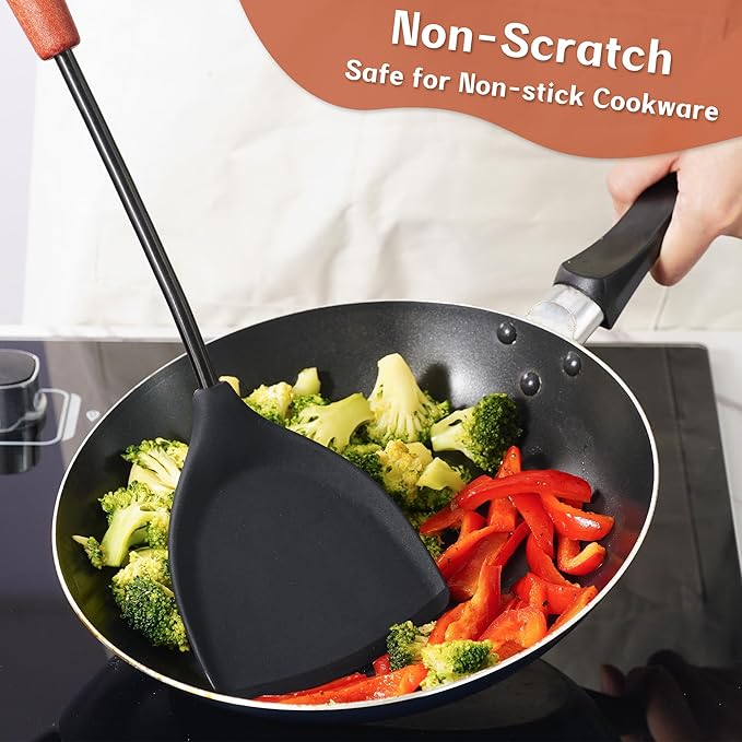 FJNATINH Silicone Spatulas and Turner Set - Stainless Steel Wok Tools, Wok Utensil, Non Stick Turners, Heat Resistant Rubber Spatulas for Fish, Eggs, Pancakes, Wok, Black of 2