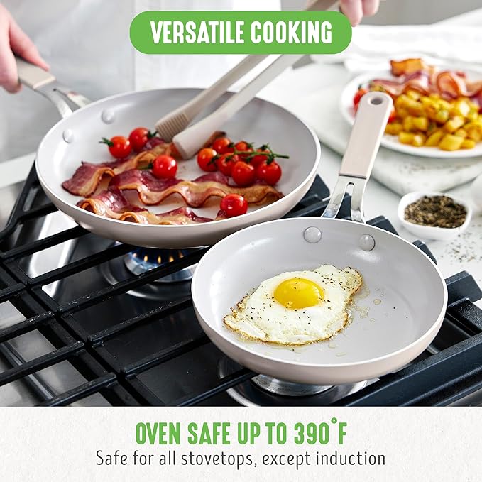 GreenLife 8” & 10” 2 Piece Nonstick Ceramic Frying Pan Set, Lightweight Healthy PFAS-Free Skillets, Dishwasher & Oven Safe, Durable Body, Silicone Stay-Cool Handles, Easy Release, Taupe