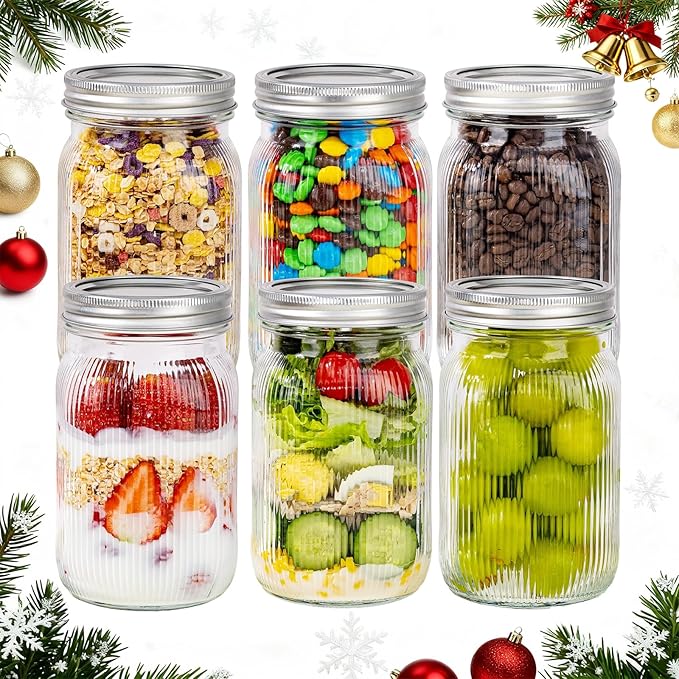 LUODA MirthMood 32 OZ Wide Mouth Mason Jars, 6 PACK Glass Mason Jars with airtight Lids, Quart mason jars wide mouth for Fermenting, Pickling, Freezing, Preserving, Meal Prep, Jar Décor