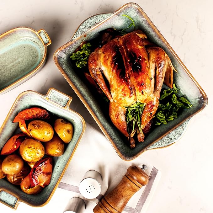 Rectangular 10 x 8 Casserole Dish, 2 Qt Ceramic Au gratin Baking Dish with Handles, Or for mixing, salad, pasta plate, Best gift for those who love baking, Microwave, Oven safe