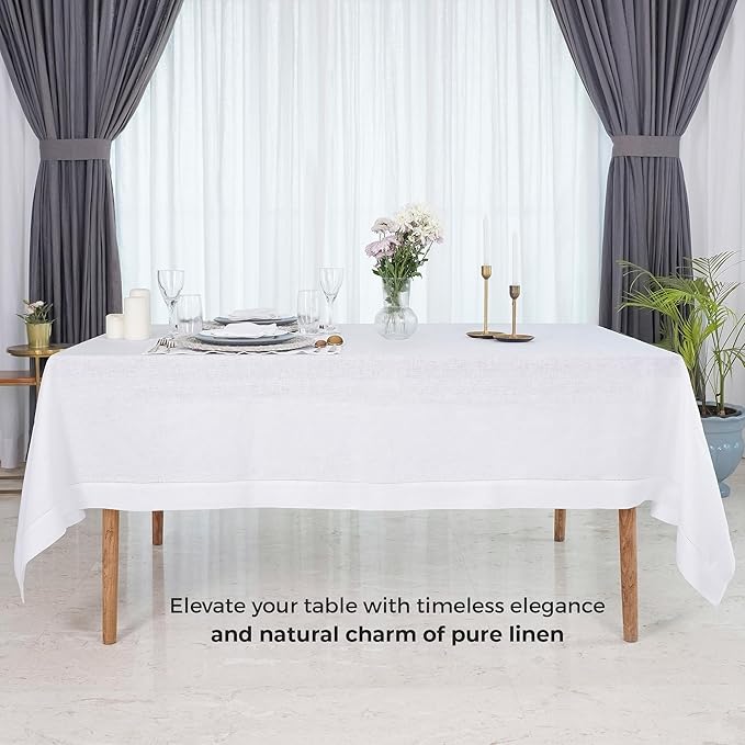 D'Moksha Homes White Linen Tablecloth for Rectangle Tables 60 x 144 Inch - 100% Pure Linen White Table Cloth - Classic Hemstitch, Machine Washable Dining Tablecloth for Summer, Fall and Halloween