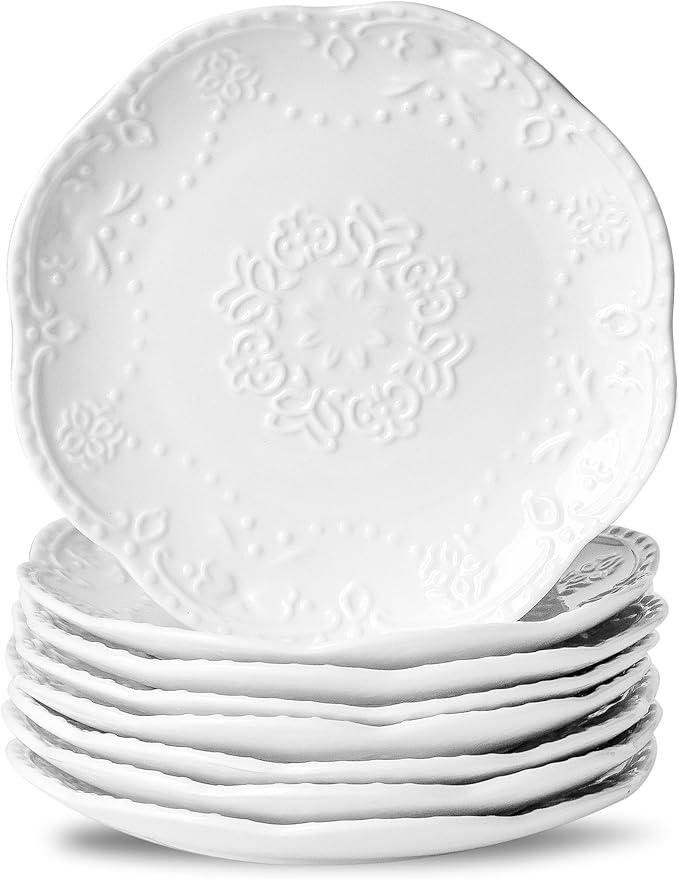 Neaylfe 8-Piece Embossed Ceramic Appetizer & Dessert Plates, 6 Inch White Mini Dinner Plates Set, Lightweight Small Ceramic Plates for Dessert, Cake, Snack, Waffles
