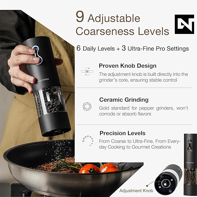 Electric Salt and Pepper Grinder Set USB-C Rechargeable, Dual-Speed Automatic Salt and Pepper Mills with Adjustable Grind Levels, Ceramic Burr, LED Light, Refillable, (Carbon Black)
