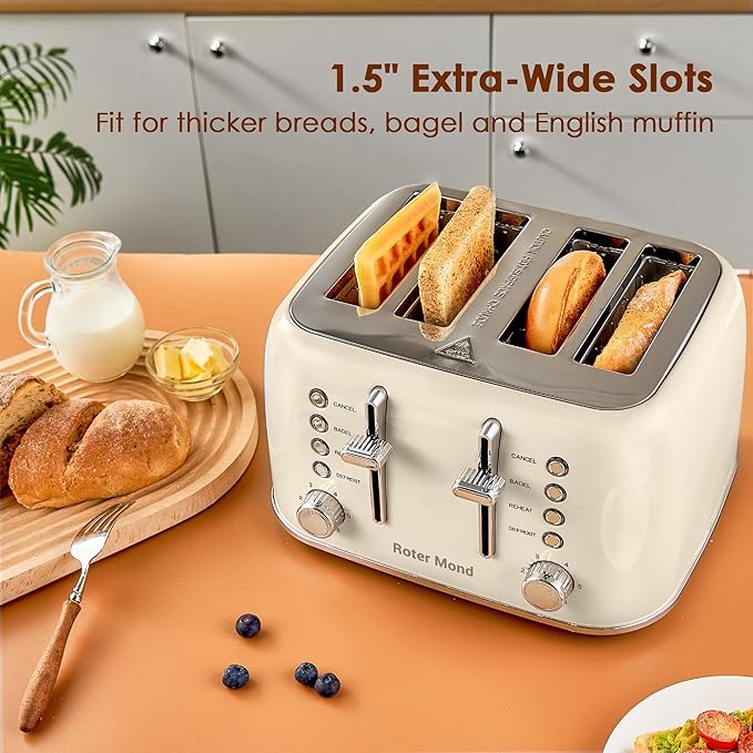 Roter Mond Toaster 4 Slice Retro Stainless Steel with Extra Wide Slots Bagel, Defrost, Reheat Function, Dual Independent Control Panel, Removable Crumb Tray, 6 Browning Levels, Cream White