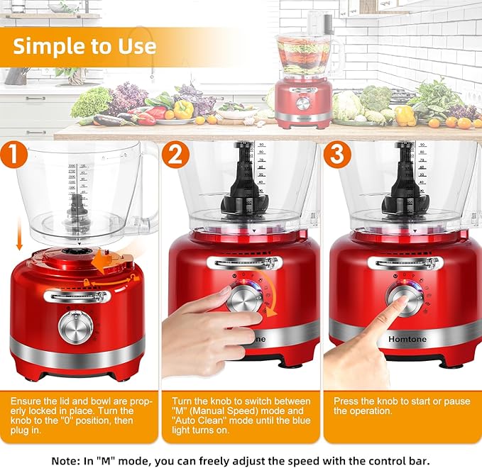 Homtone 16 Cup Food Processor, 6 Preset Modes& Stepless Speed Control for Dough Kneading, Meat Chopping, Slicing, Shredding, French Fries Potato Cuting, Cheese Grating& Whipping Cream, 650W, Red