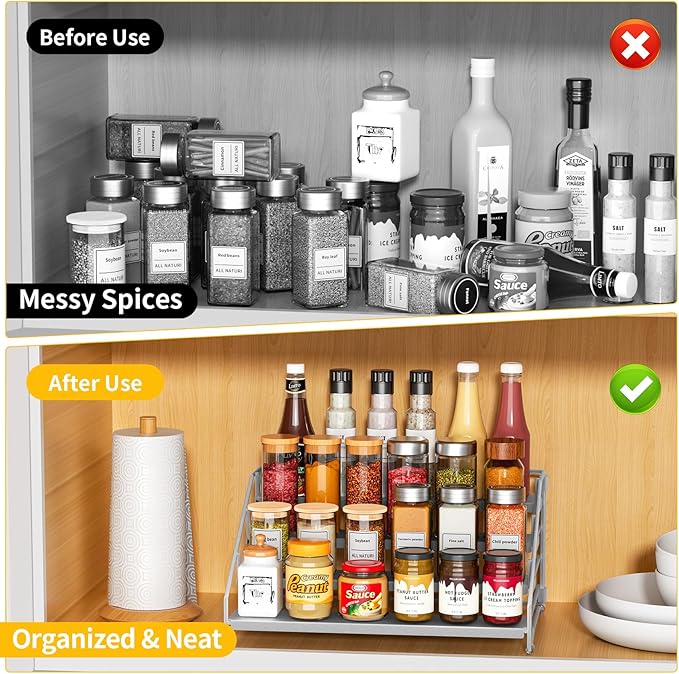 RCHYFEED 4 Tier Spice Rack Organizer, Spice Organization for Cabinet,Pantry, Countertop,Tiered Spice Rack Easy Visibility,Depth Expandable Seasoning Shelf for Kitchen Cabinet Organizer,Silver