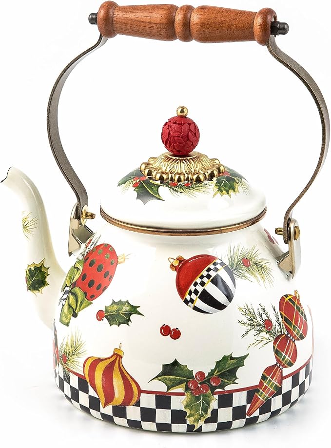 MACKENZIE-CHILDS Deck the Halls 2-Quart Enamel Tea Kettle, Christmas Tea Kettle for Stovetop