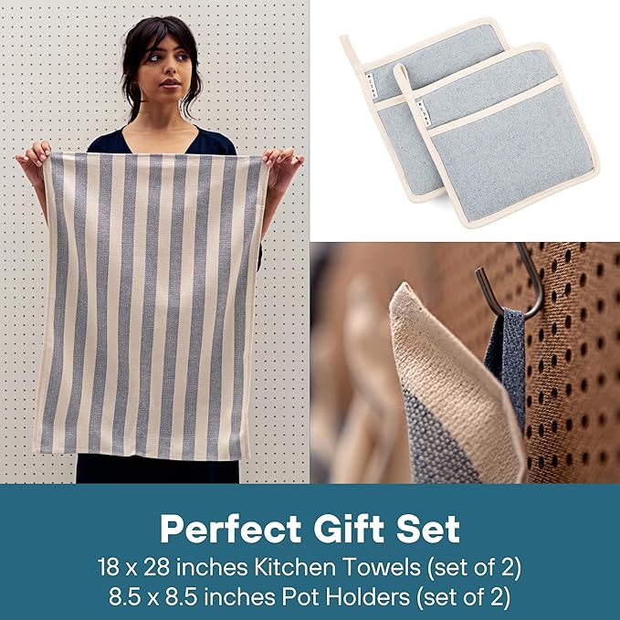 MEEMA Kitchen Towels and Dishcloths Sets of 4 | Large 18 x 28 Inch | Upcycled Cotton Tea Towel | Super Absorbent Cotton Dish Towels for Kitchen | Sage Green Stripes | Hand Towels