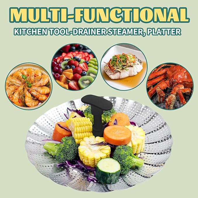 SHIKORI Steamer Basket,Stainless Steel Vegetable Steamer Basket Folding,Folding Expandable Steamers,Expandable to Fit Various Size Pot-T-Green 9 in