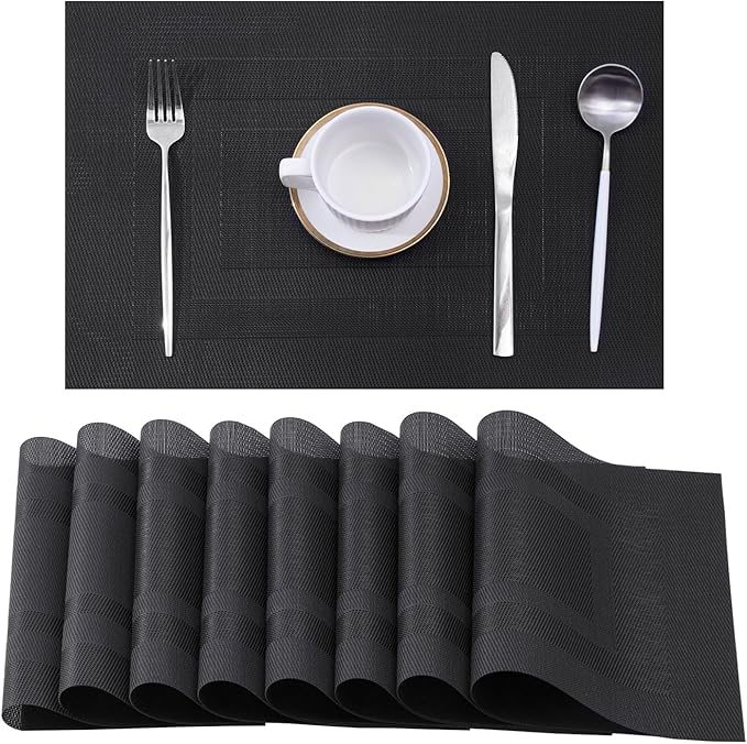 Leetaltree Black Frame Placemats Set of 8 - Heat Resistant Non-Slip Place mats for Dining Table, Washable Durable PVC Vinyl Woven Table Mats（Black Frame, 8）