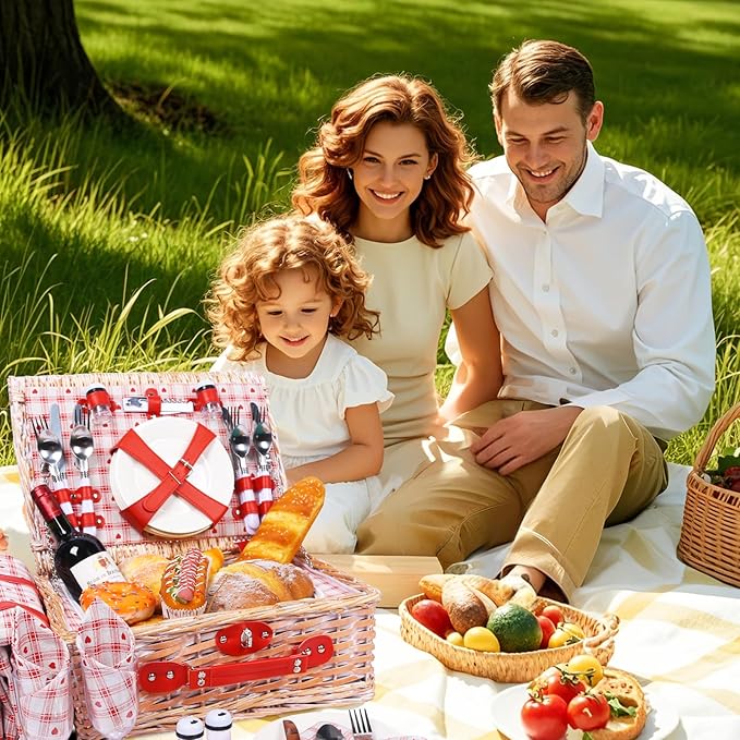 Picnic Basket Set for 4 with Waterproof Blanket Mat Insulation Bag Wicker Floral Pink Red Love Plaid Cute Kawaii Gift for Wedding Birthday Summer Camp Outdoor Camping Beach Travel Christmas