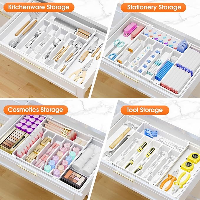 Silverware Organizer，Adjustable & Expandable Utensil Drawer Organizer, BPA Free Utensil Holder, Cutlery Tray for Forks, Spoons, Knives in Kitchen, Large, White