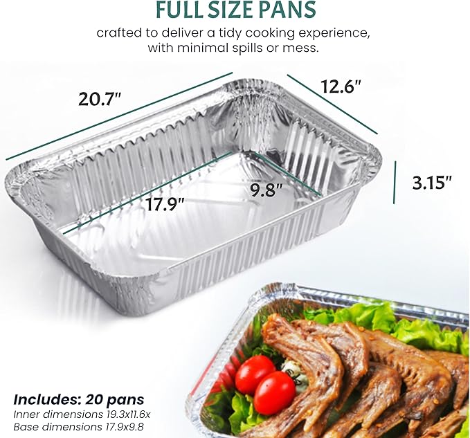 FUNSTITUTION Full Size Large Aluminum Foil Pans (20 Pack) - 21x13 Tin Foil Pans with High Heat Conductivity - Disposable Cookware For Baking, Grilling, Cooking, Storing, Prepping (21x13)