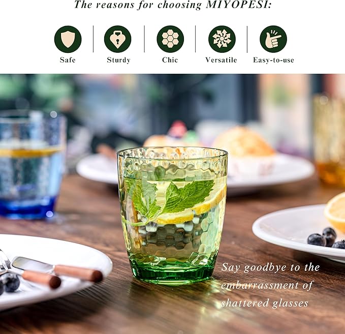 15oz Colorful Acrylic Glasses Drinkware (Set of 8), Hammered Design Unbreakable Plastic Tumblers, Reusable Plastic Drinking Glasses Cups, Stackable, BPA-Free, Dishwasher-Safe…