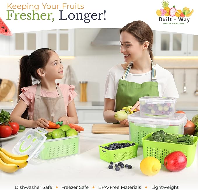 Fruit Storage Containers for Fridge - Keep Fruit & Veggie Fresh Longer - Rinse & Store Produce with Strainer - Berry/Vegetable Stackable Organizer - BPA-Free, Dishwasher Safe