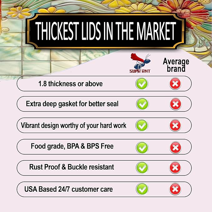 Supa Ant Thickest Canning Lids Regular Mouth (50 Pcs.) Food Grade Tin-Can Lids for Canned Food-Buckle Proof & Rust Proof Lid for Canning Kit for Regular Mouth Mason Jars(Painted Glass)Canning Supplies