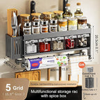 Hanging Wall Mount knife Wall Mount,Condiment Cup, Space-Saving Knife Rack with Hooks, Kitchen Organizer Storage Shelf for Utensils Spatula Spoon, Kitchen Utensil Hanger (Grey, 40cm+5Cups+8Hooks)