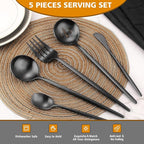 Matte Black Serving Set，Oliviola 5-Piece Stainless Steel Large Hostess Set with Round Edge, Satin Finished, Dishwasher Safe -Large Spoon, Large Fork,Butter Knife，Sugar Spoon & Slotted Spoon