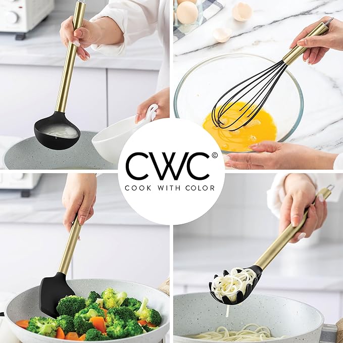 COOK WITH COLOR Silicone Cooking Utensils, Kitchen Utensil Set, Easy to Clean Silicone Kitchen Utensils, Cooking Utensils for Nonstick Cookware, Kitchen Gadgets Set with Holder, 10 Pieces