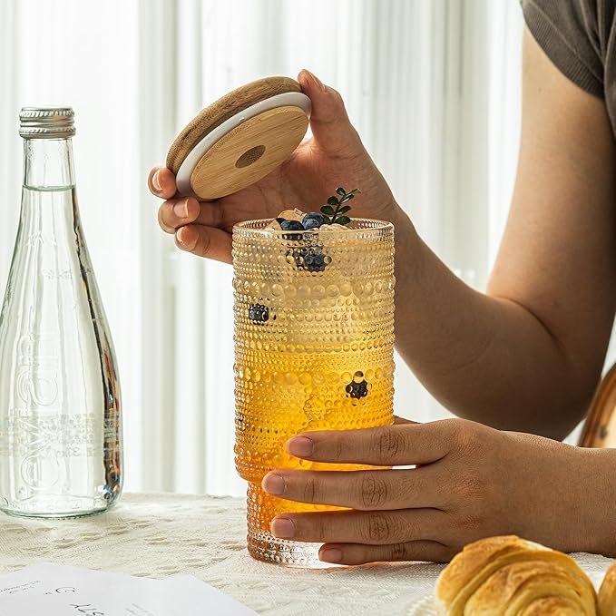 Romantic Highball Drinking Glasses Set of 4, Beaded Glassware, 16oz XL Hobnail Glassware, Vintage Glassware Set, Embossed Vintage Drinking Glasses for Beer, Cocktail, Soda (4PCS-16oz with lid)