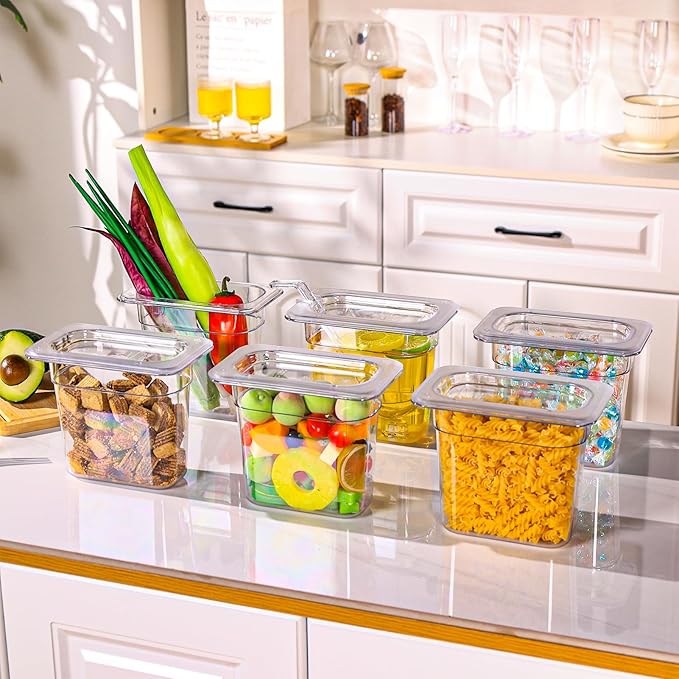 12 Pack Plastic Clear Food Pans with Lids, 1/9 Size 6'' Deep Commercial Stackable Polycarbonate Pans Hotel Food Storage Pan with 1 Pcs Spoon for Fruits Vegetables