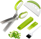 Herb Scissors SaladScissors, Upgrade HerbScissors with 5 Blades and Cover + 2 Brush, Kitchen SaladScissors with Herb Stripping, MultiScissors HerbCutter, Smart Cutter FoodScissors Chopper, Green