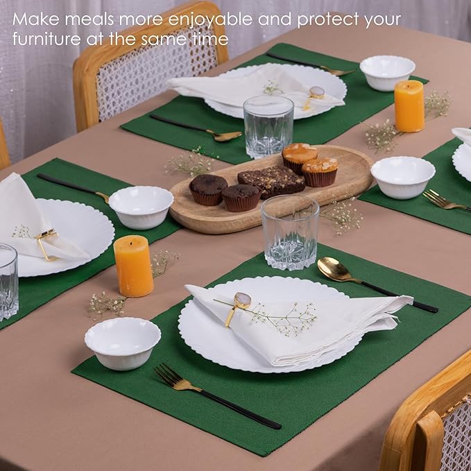 Foliage Green Placemats Set of 6, Cotton Ribbed Tabletop, Non-Slip Wrinkle Free Kitchen Table Mats for Dining Table, 13x19 Inch