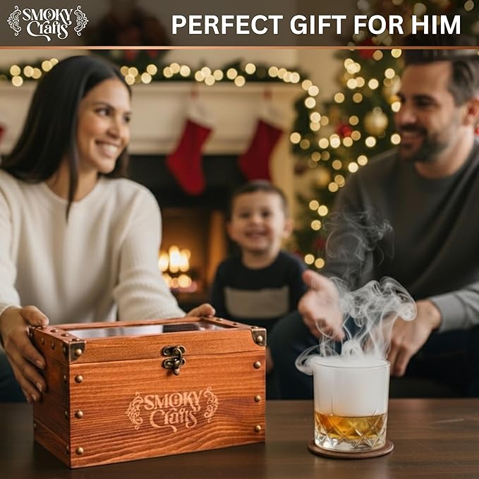 Old Fashioned Smoker Kit - Whiskey Smoker Kit with Smoking Gun, Cocktail Smoke Box, Food Tray and Wood Chips (Apple & Cherry) - Bourbon Gifts for Men