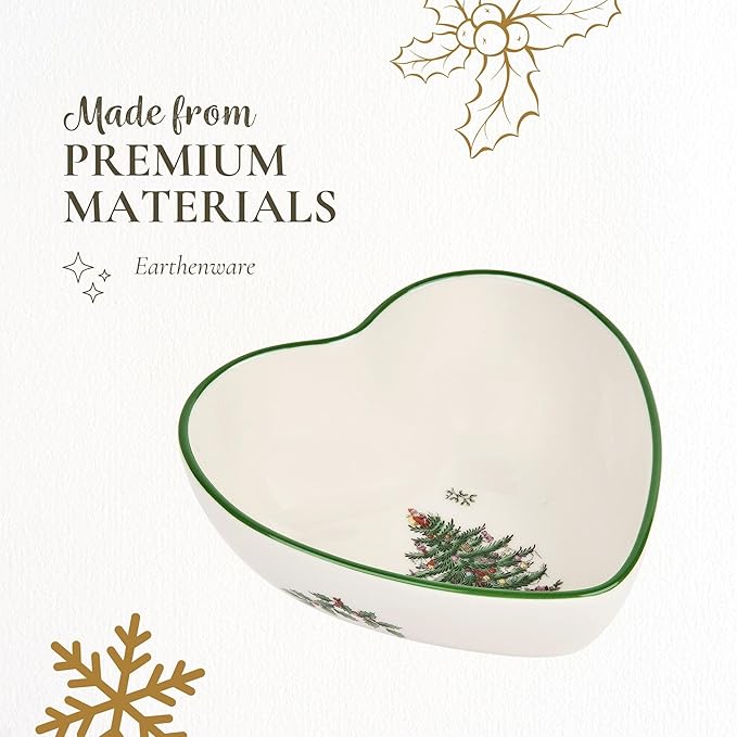 Spode Christmas Tree Heart Shaped Dip Bowl - 4.75-Inch Fine Earthenware Bowl for Dips, Sauces, and Condiments - Festive Holiday Decor and Christmas Gift - Classic Design, Dishwasher Safe