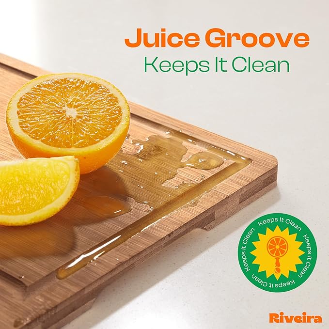 Riveira Brown Bamboo Wood Cutting Board – Gourmet Bamboo Grandeur: 20 x 30 Wooden Cutting Board – Wooden Cutting Boards For Kitchen Decorative – Innovative Juice Grooves Wooden Chopping Board