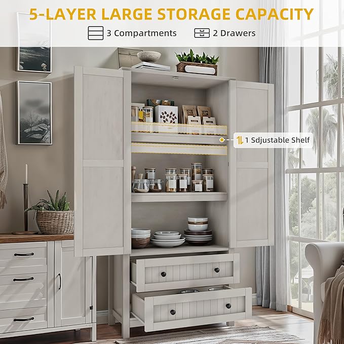 DWVO 64.5" H Kitchen Pantry Cabinet, Storage Cabinet with Barn Doors, 2 Drawers and Adjustable Shelves, Farmhouse Cupboard for Dining Room, Living Room, Bathroom, Off White