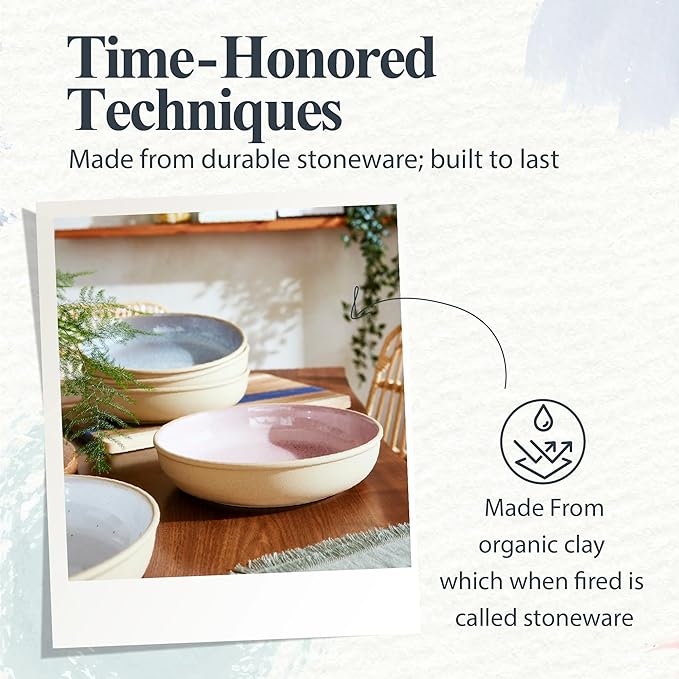 Portmeirion Minerals 8.7-Inch Low Serving Bowl, Rose Quartz - Stoneware from Recycled Clay, Handmade in Portugal, Reactive Glaze for a Unique Look, Microwave & Dishwasher Safe - Decorative Modern Bowl