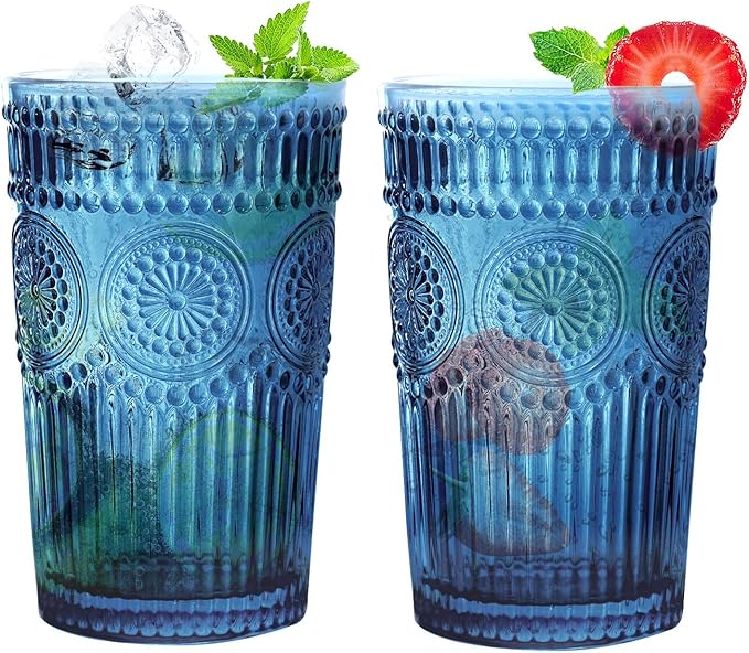 6pcs Vintage Drinking Glasses Set, 12 oz Blue Highball Glasses, Embossed Ribbed Glassware Cups for Cocktail, Water, Juice, Coffee, Whiskey