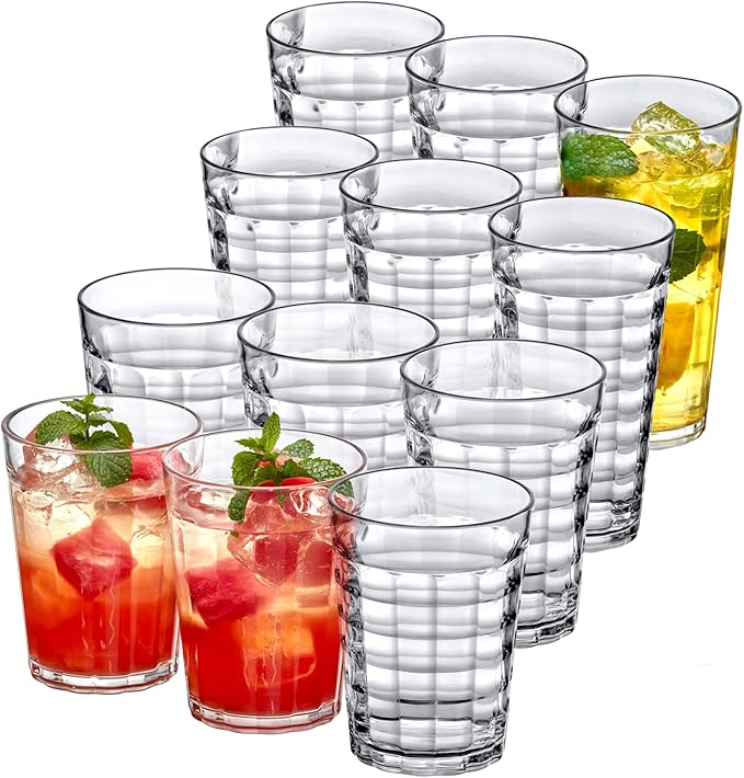 Amazing Abby - Ice Cube - 16-Ounce and 20-Ounce Plastic Tumblers (Set of 12), Plastic Drinking Glasses, All-Clear Reusable Cups, Stackable, BPA-Free, Shatter-Proof, Dishwasher-Safe