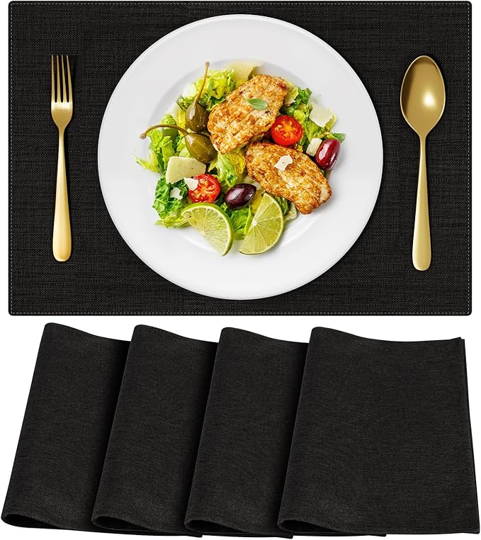 Cloth Placemats, Set of 4 Heat-Resistant Cotton Linen Blend Double Layered Machine Washable Place Mats, Wrinkle Free Thick Fabric Dining Table Mats for Indoors & Outdoors (Black, 4)