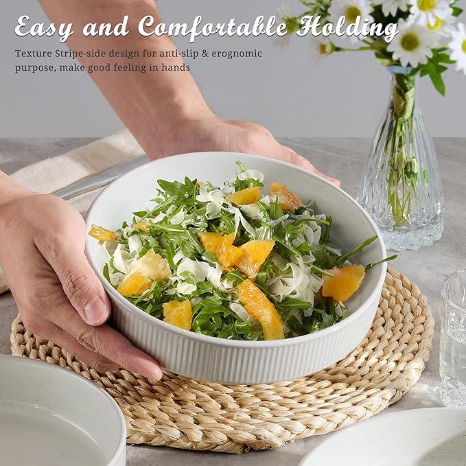 E-far Pasta Bowls Set of 6, 35oz Large Salad Bowl Plate for Dinner Serving Soup, Wide & Shallow Ceramic Stoneware Pasta Plates, Microwave & Dishwasher Safe, Textured Stripes & Speckled White, 8”