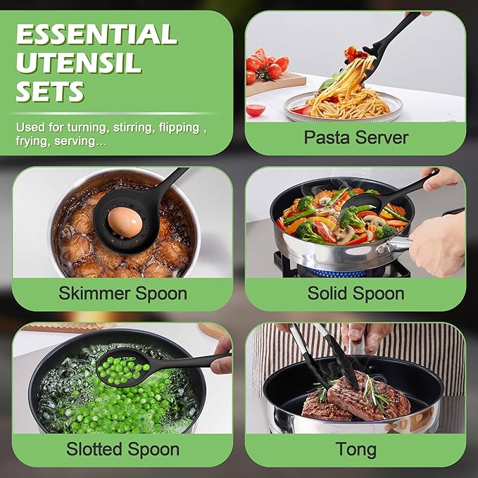 Silicone Cooking Utensil Set, Homikit 15pcs Kitchen Utensils with Holder for Nonstick Cookware, Heat Resistant Nontoxic Silicone Spatula Set Dishwasher Safe Kitchen Tools for Baking-Black