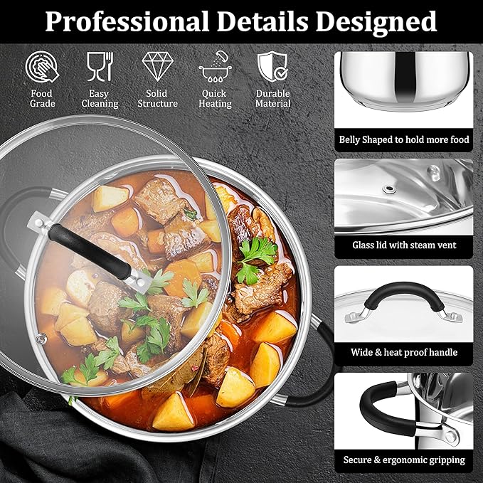 E-far 6 QT Stainless Steel Pot, Stock Cooking Pot with Visible Lid for Simmering Soup Pasta, Tri-Ply Thick Base for Induction Gas, Dual Silicone Handles for Heat Proof, Non-Toxic & Dishwasher Safe