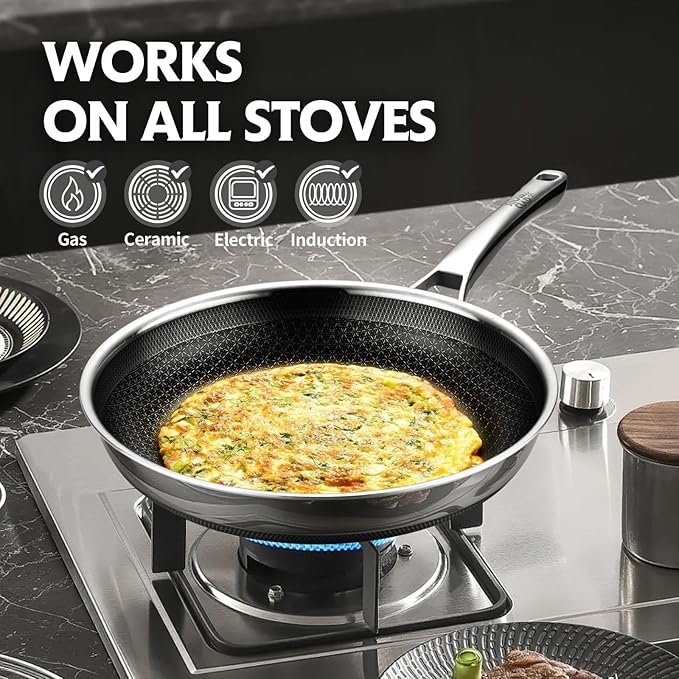 Non Stick Frying Pans Set,Hybrid Pan Set(8+10+12inch) Frying Pans Nonstick for cooking,PFOA Free Induction Cookware Sets,non stick Stainless Steel Skillets,Dishwasher and Oven Safe Kitchen set
