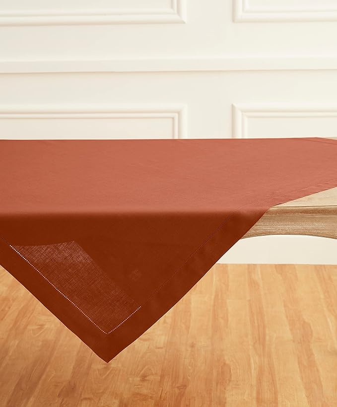 Solino Home Linen Cinnamon Tablecloth 52 x 52 Inch - 100% Pure Linen Square Table Throw - Classic Hemstitch, Machine Washable Table Cloth for Fall, Autumn, Halloween