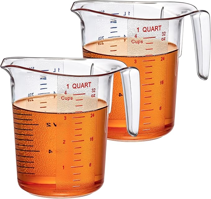 Amazing Abby - Melissa - Unbreakable Plastic Measuring Pitchers (2-Pack), Food-Grade Measuring Jugs, 4-Cup Capacity (1-Quart), Stackable and Dishwasher-Safe, Great for Oil, Vinegar, Flour, More